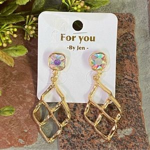 Fashion Gold Toned Dangle Earrings With Large Iridescent AB Stone Post B…